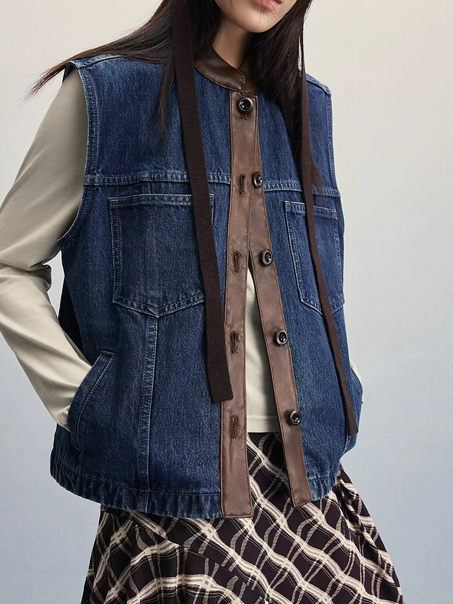 Synthetic suede trim denim buttoned vest 1