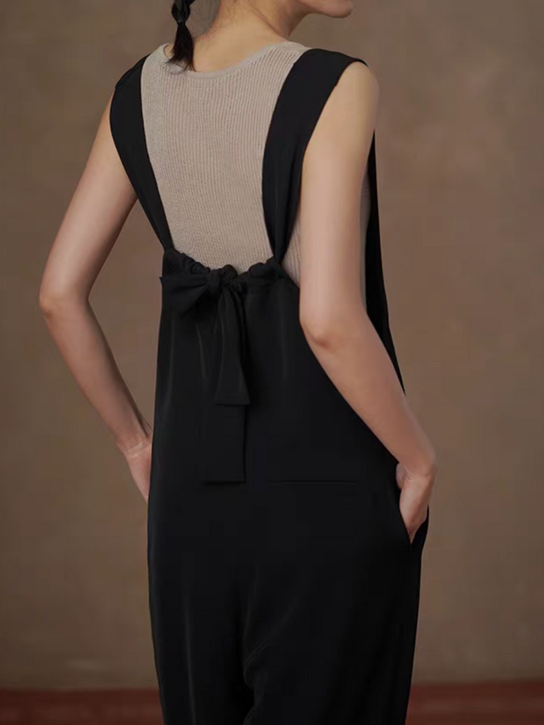 Back knot dark navy poly rayon front V romper 9