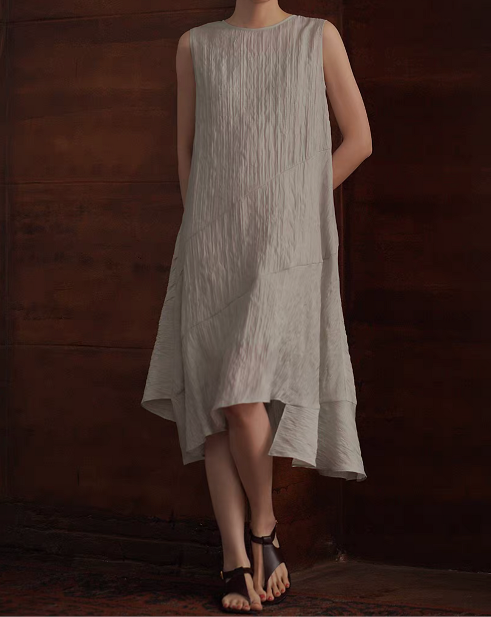 Thumbnail: Asymmetric grey embossed poly rayon sleeveless dress