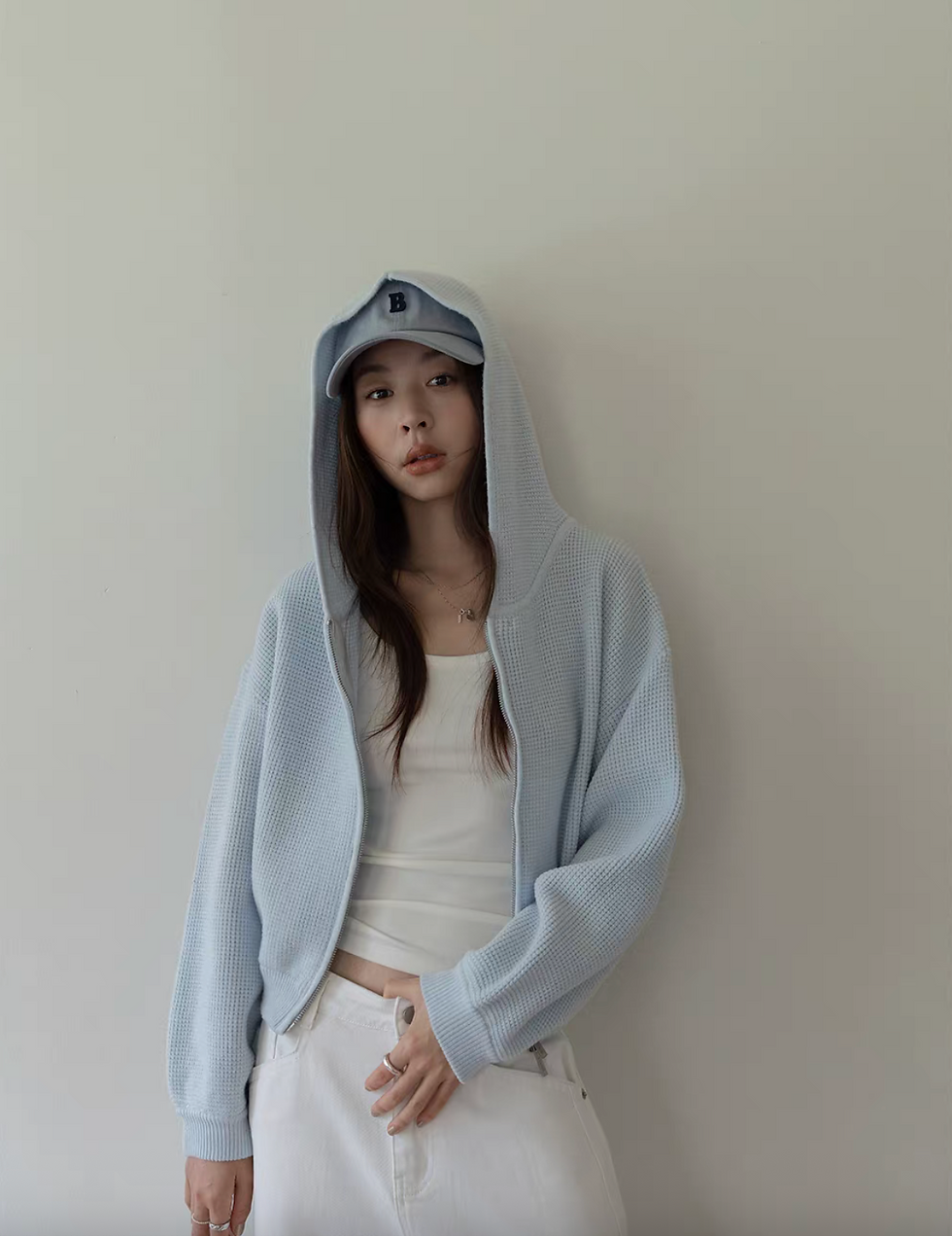 Thumbnail: 16% Wool rayon poly waffle hoodie double ended zipper cardigan