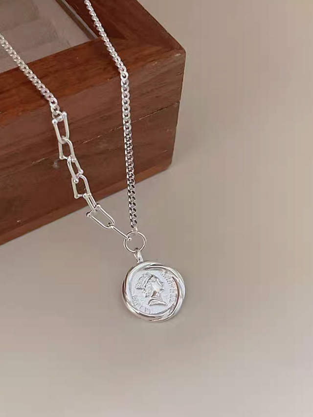 Engraved coin face 925 silver curb chain necklace 4