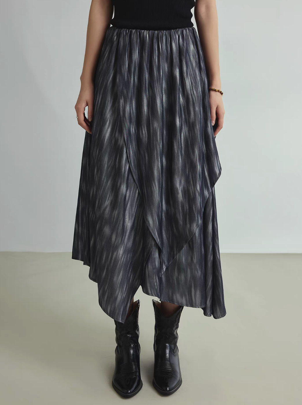 Layered watercolor blue satin poly asymmetric elasticated skirt