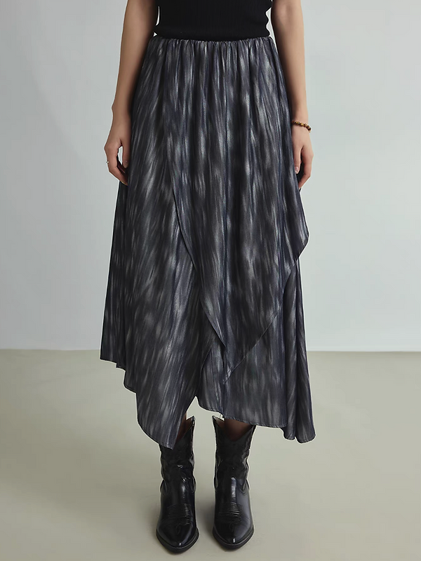 Layered watercolor blue satin poly asymmetric elasticated skirt