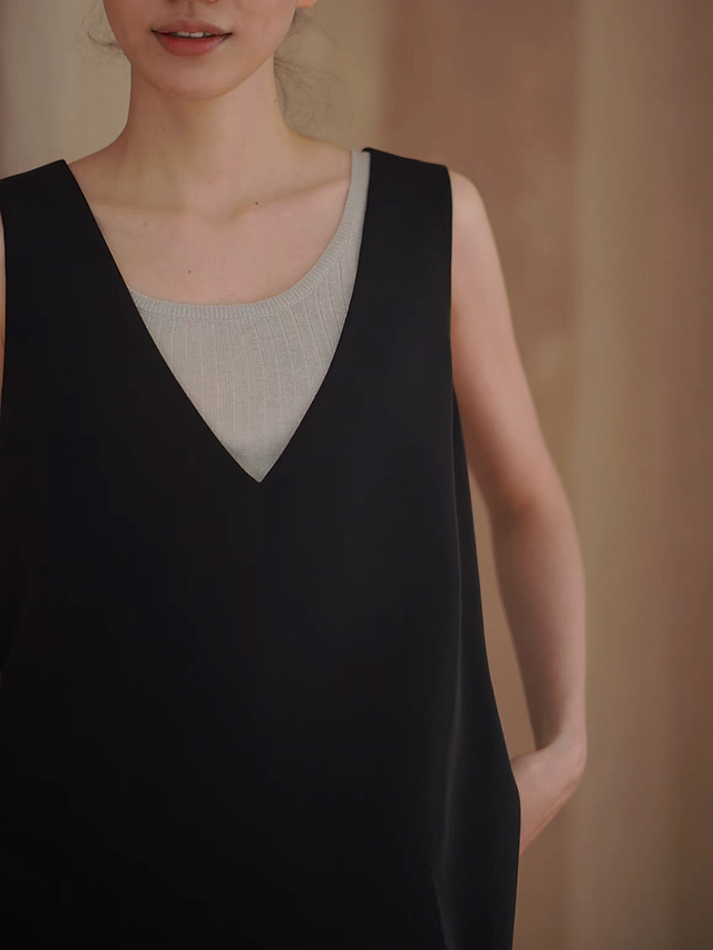 Black deep V low back poly rayon contour dress 5