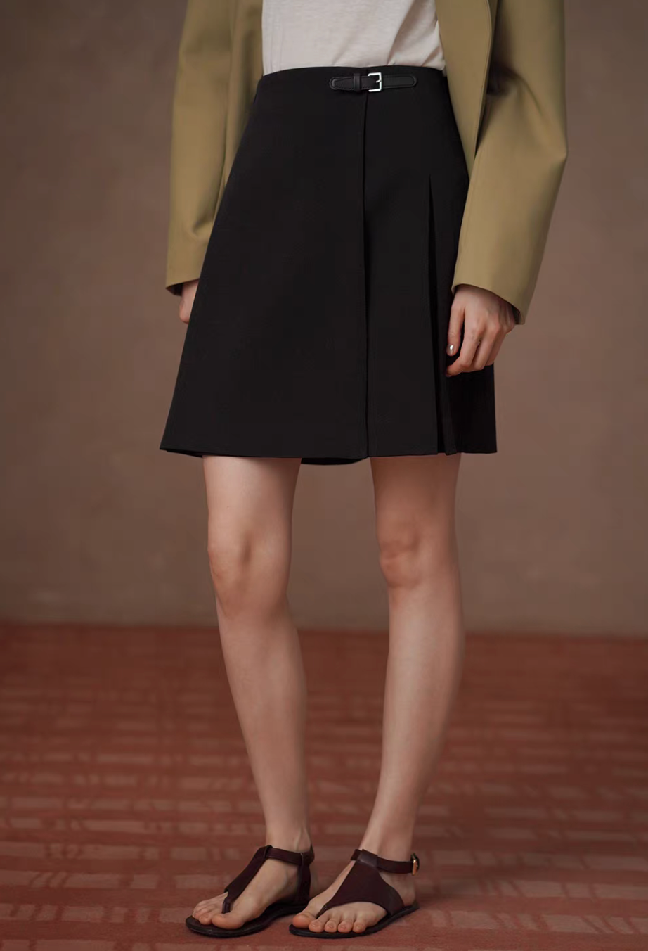 Thumbnail: High waisted pleated buckle strap cotton rayon black skirt