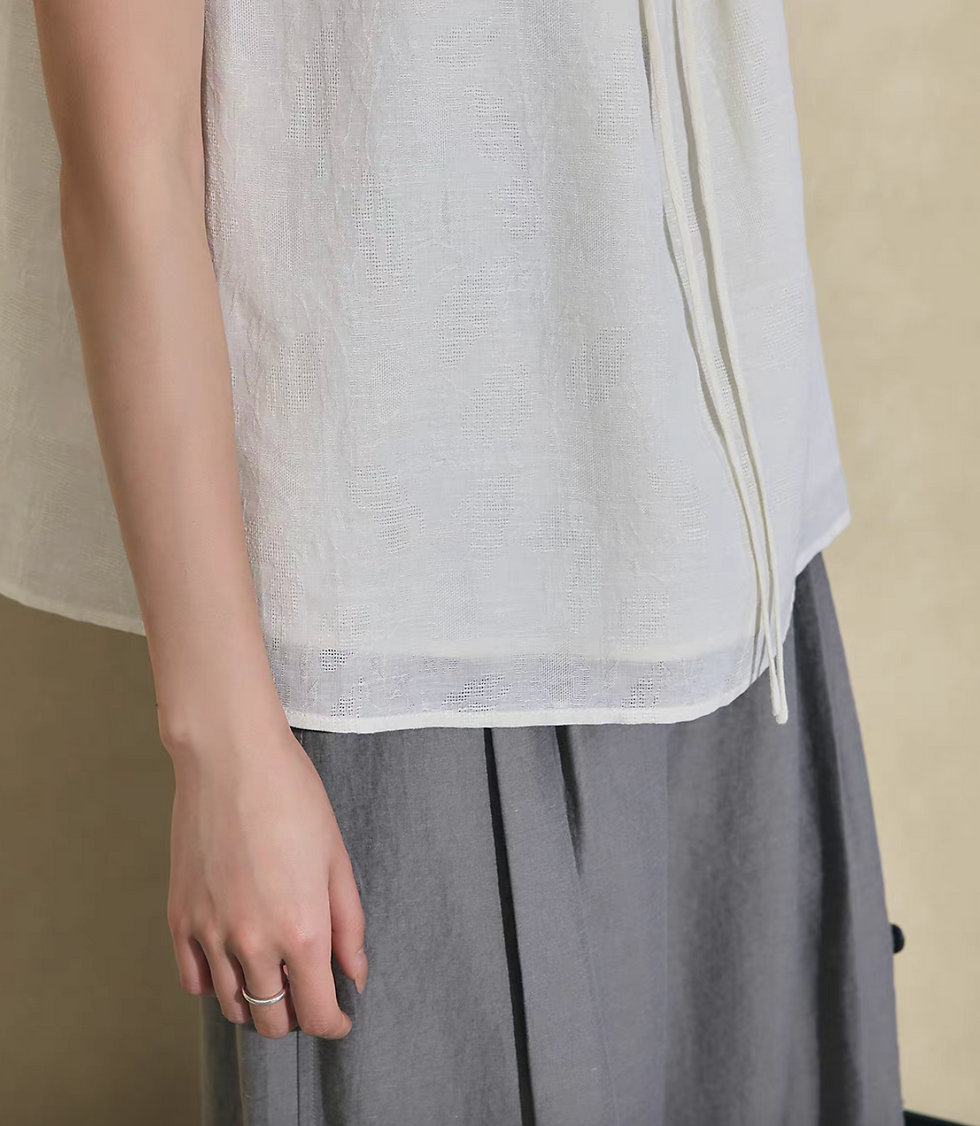 Thumbnail: Two way French style puff sleeves layered lined cotton lyocell drawstring blouse