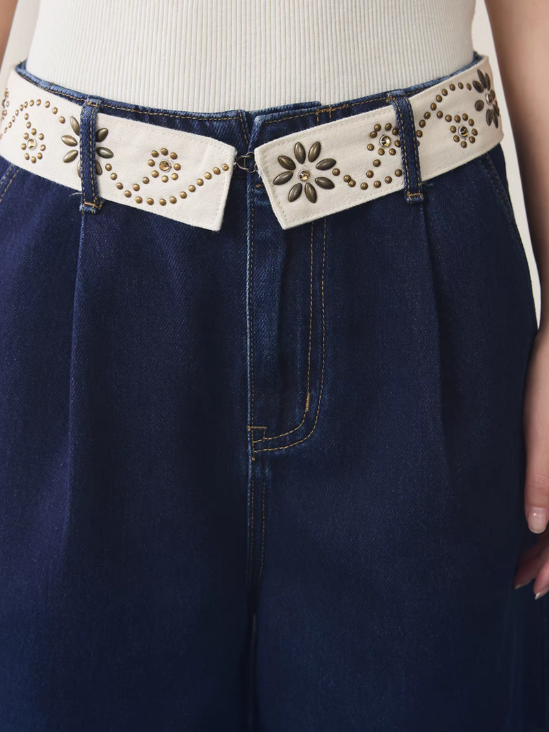 Floral studded fold over trim denim high waisted shorts 9