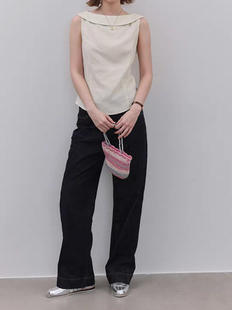 Folded asymmetric collar beige cotton slim cut vest 8