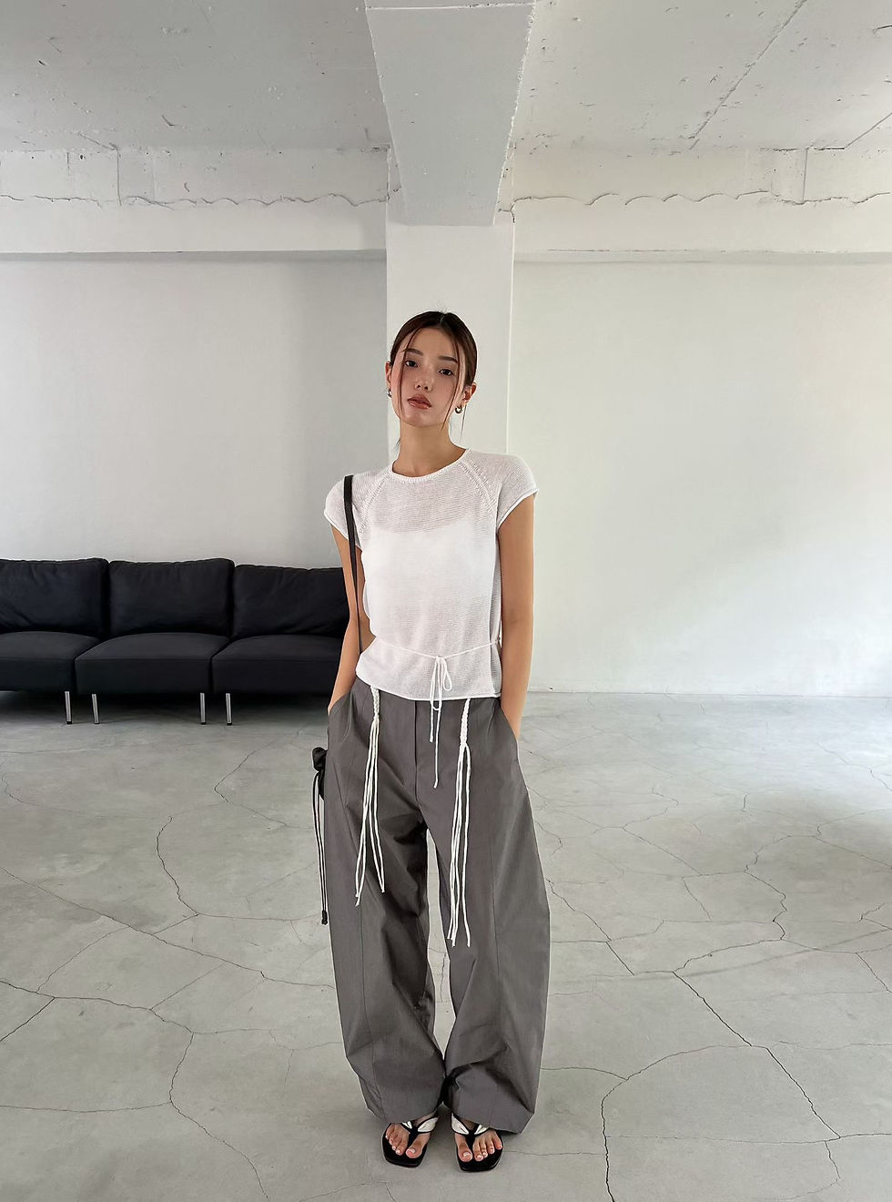 Thumbnail: Belted cotton rayon barrel leg high rise pleated pants 
