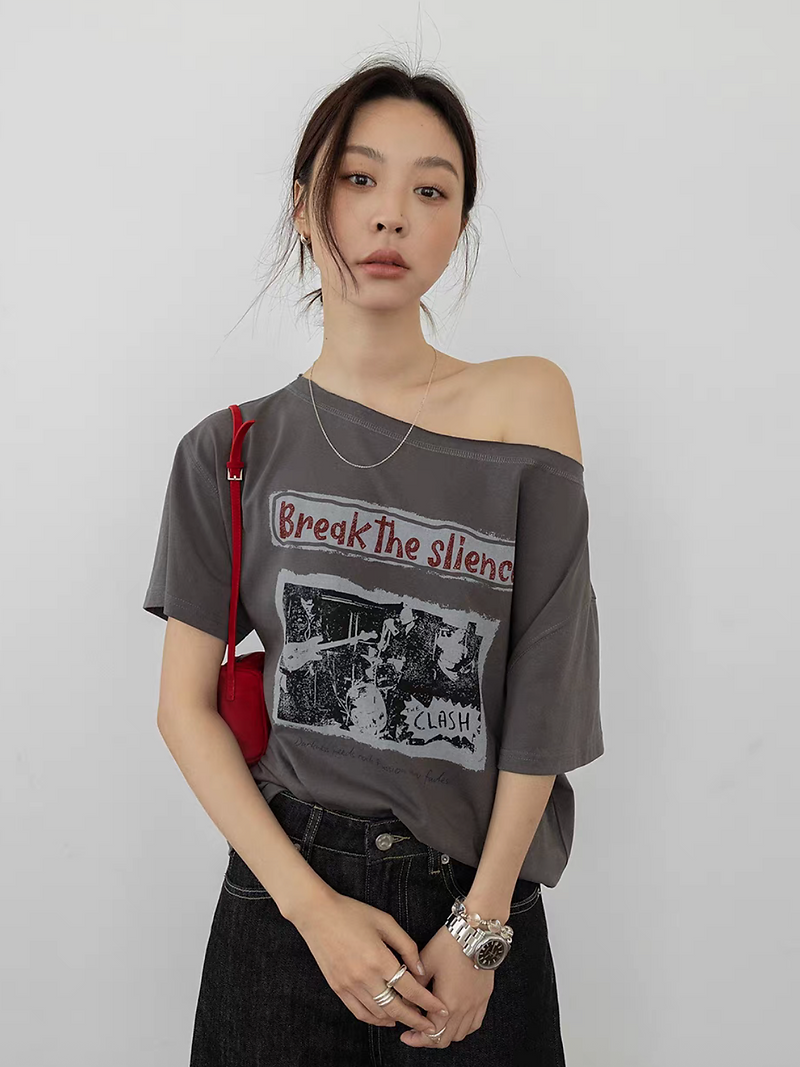 One shoulder digital print cotton rayon tee 6