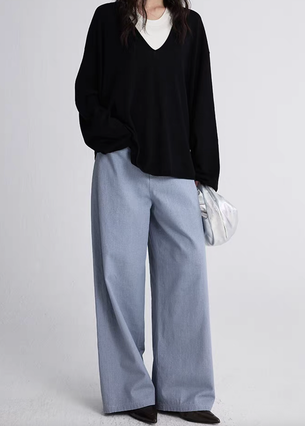 Thumbnail: High waisted cotton linen greyish blue side strap straight pants