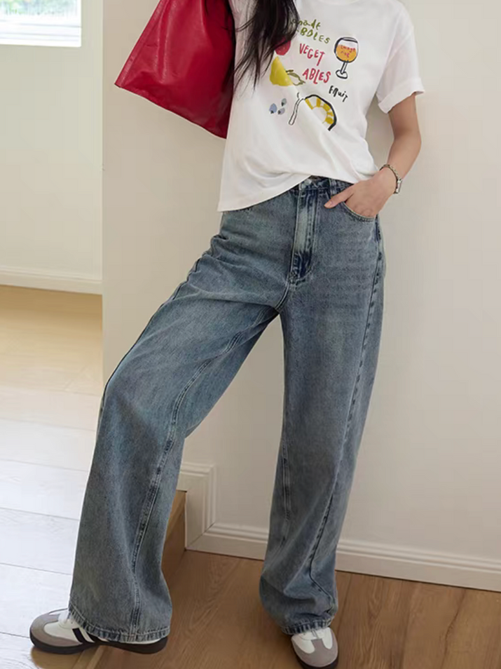 High waisted acid washed denim straight pants 4