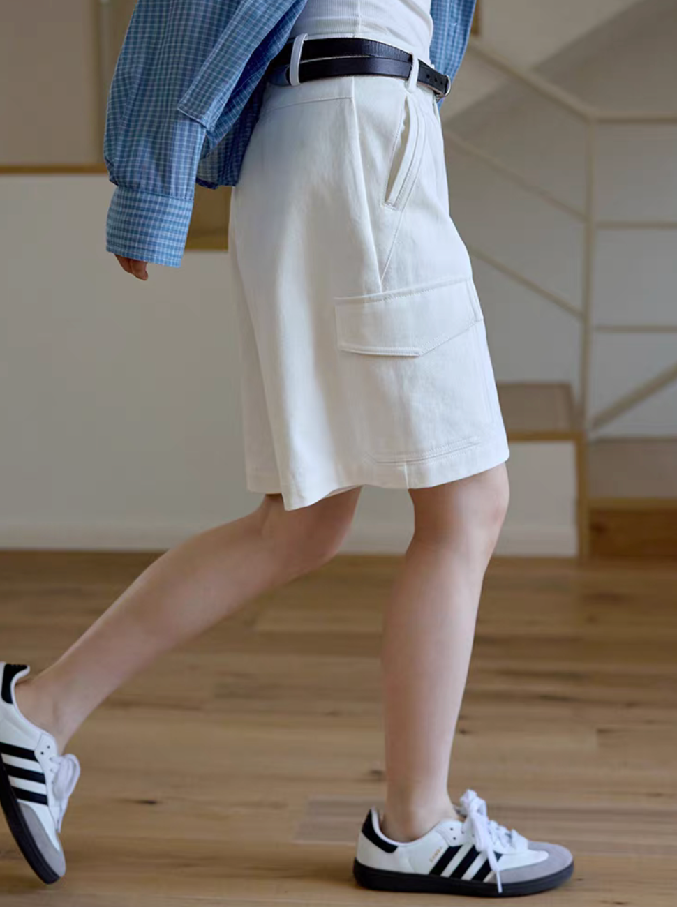 Thumbnail: Ivory cotton denim high waisted cargo shorts