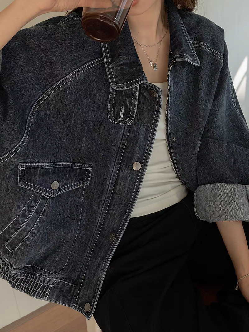 Acid washed dark navy denim polo two way denim jacket 6