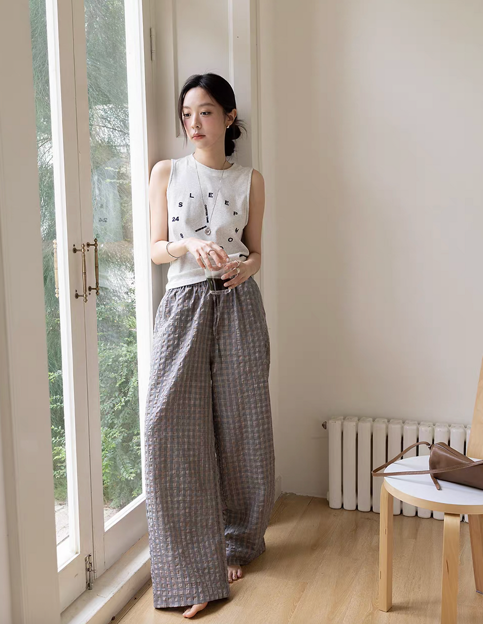 Thumbnail: Cotton rayon embossed checker drawstring straight pants