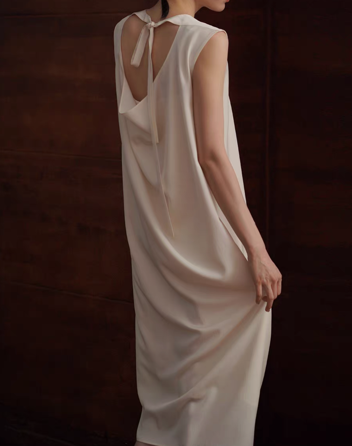 Tencel poly pearl ivory back knot sleeveless lined dress