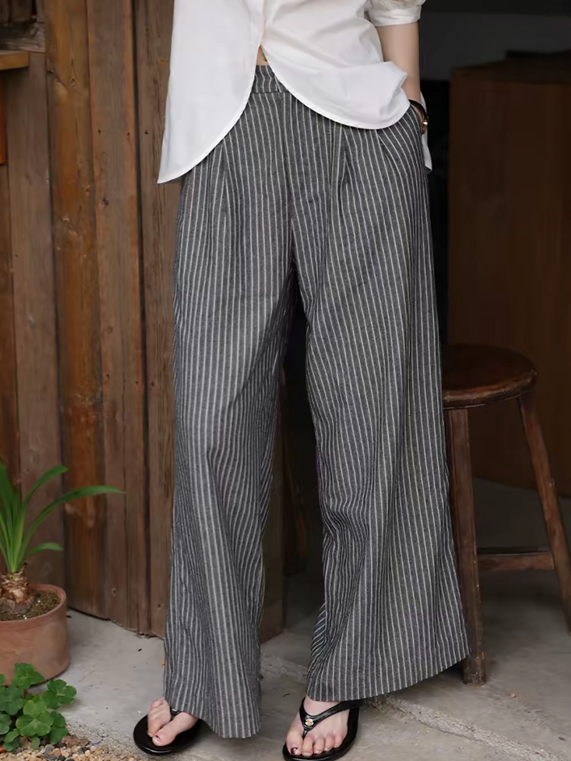 Striped grey cotton linen rayon high waisted pants 5