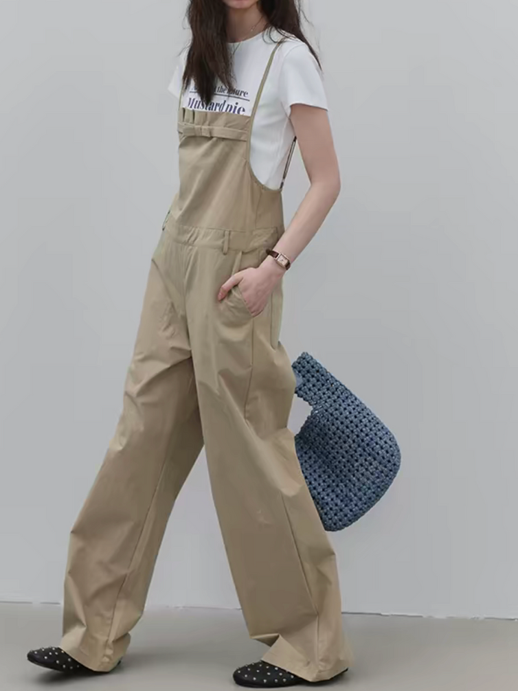 Khaki beige cotton pleated front bow overalls 5