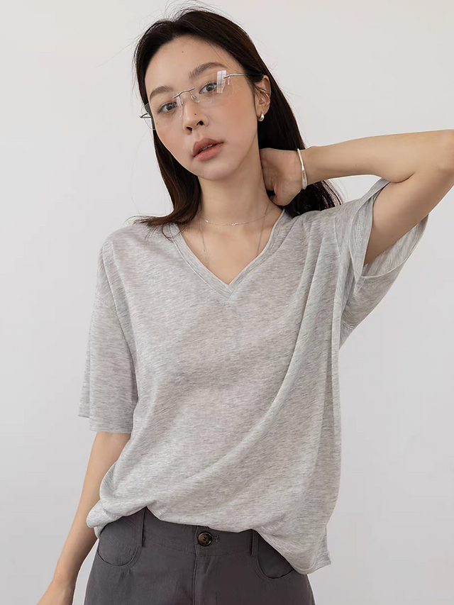 V neck pure cotton boyfriend mid length tee 6