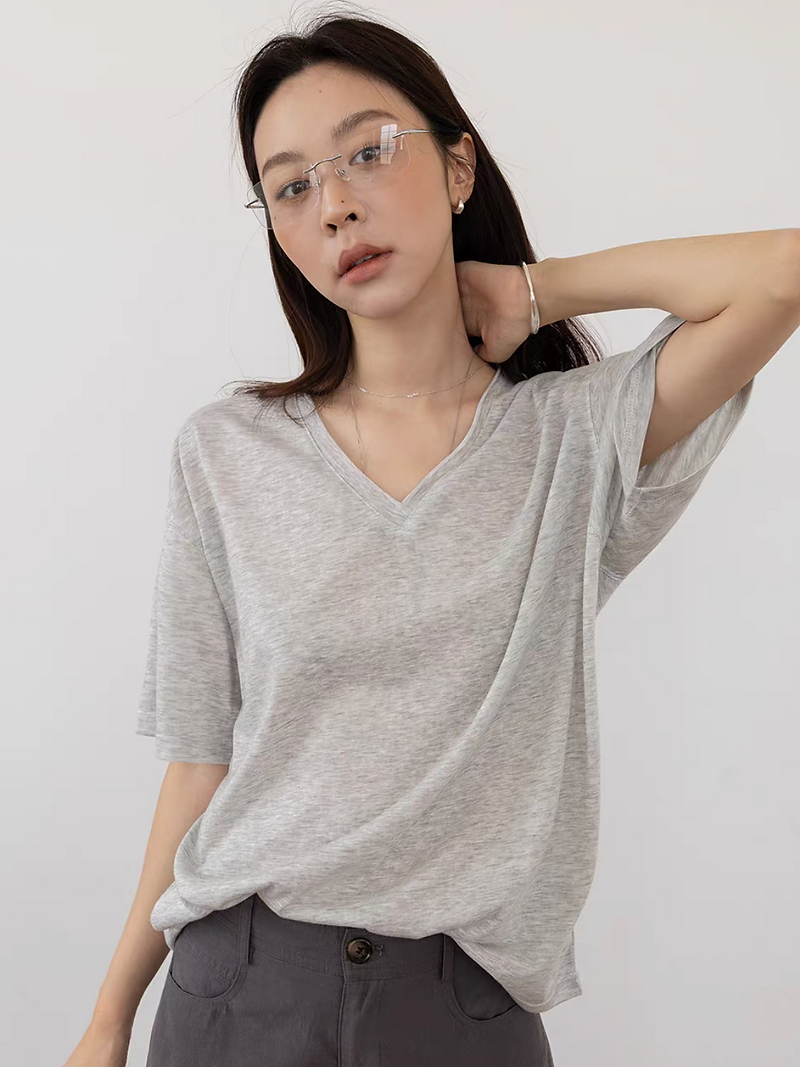V neck pure cotton boyfriend mid length tee 6