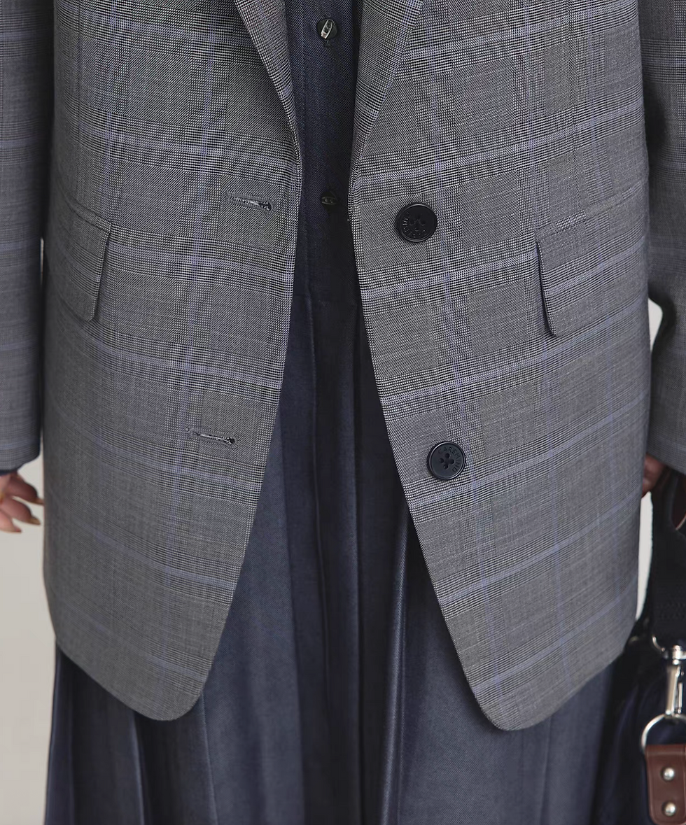 Thumbnail: Grey tencel poly British checker mid length two styles blazer