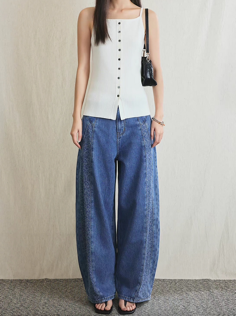 Side floral embroidered contour high rise acid washed retro blue pants 8
