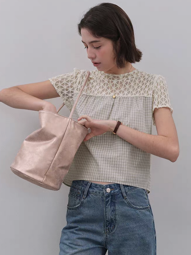 Crochet lace checker cotton ivory beige blouse 11