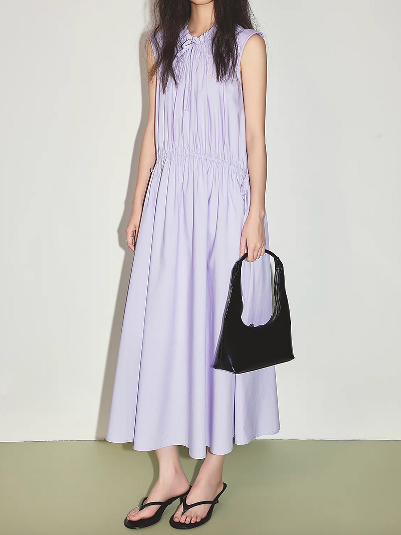 Lyocell cotton ruffles collar drawstring maxi sleeveless dress 13