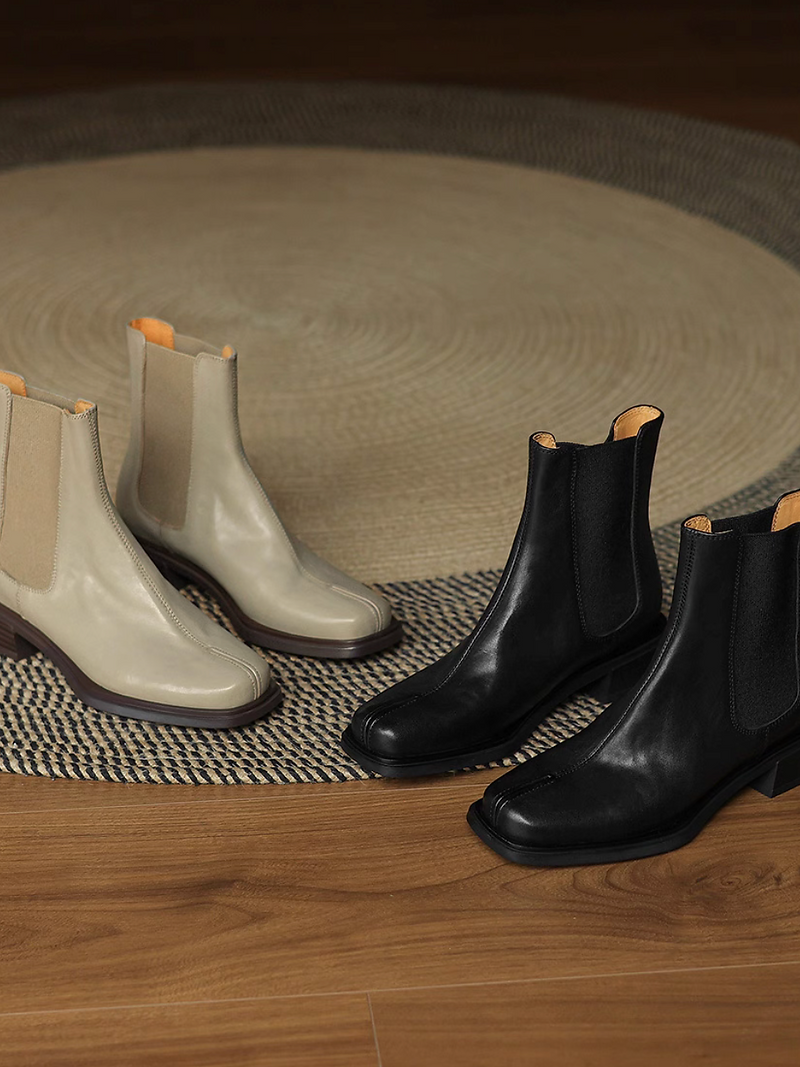 Calf leather front stitched trim square toe ankle boots 6