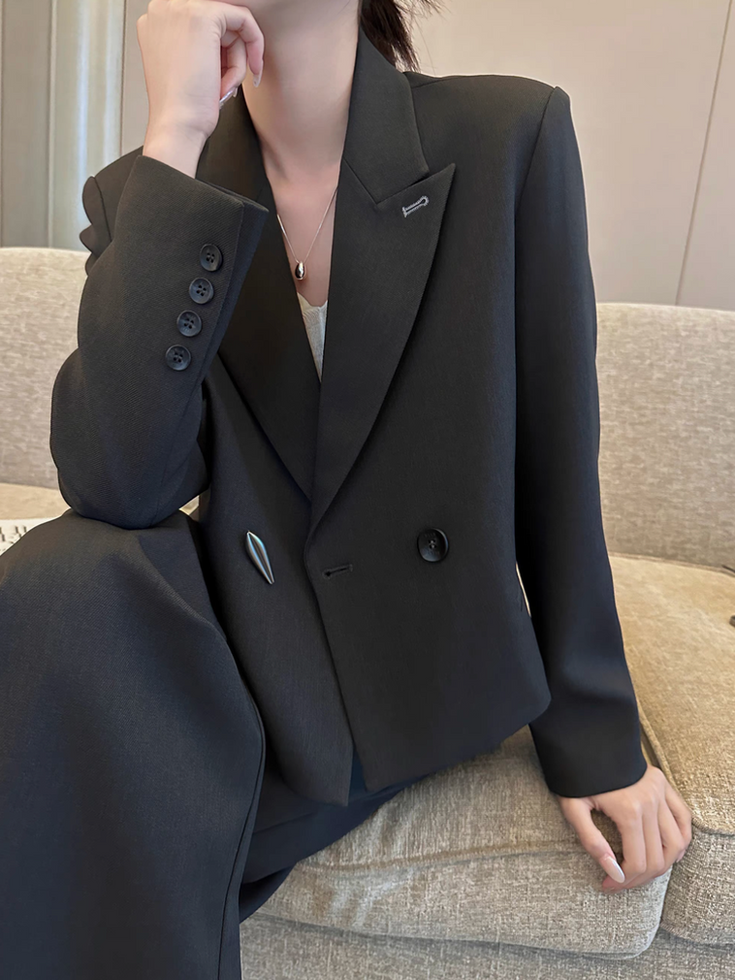 Charcoal cotton rayon cropped metal pin buttoned blazer 4