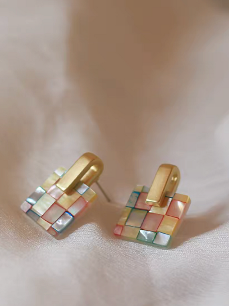 Alloy plastic pearl shell square matte finish 925 silver earrings 5