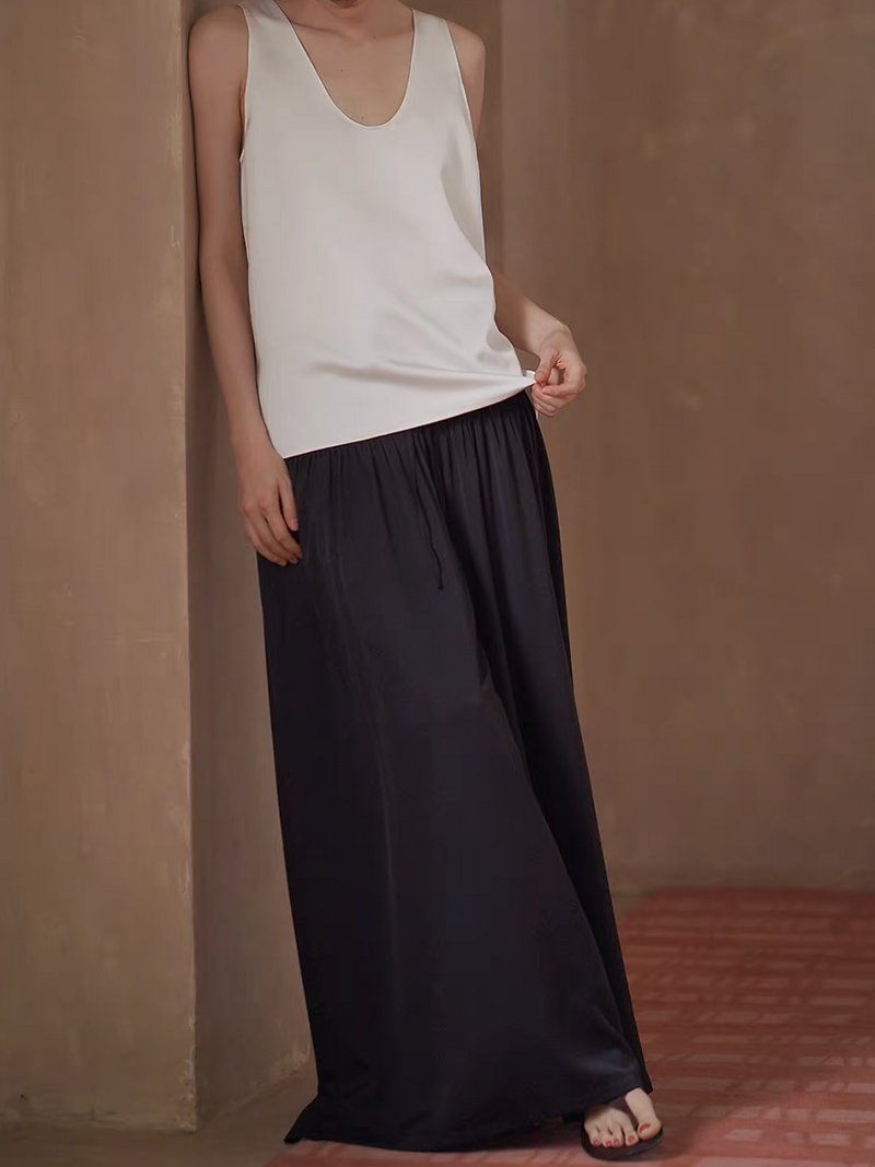 Elasticated drawstring satin wide leg black poly satin pants 3