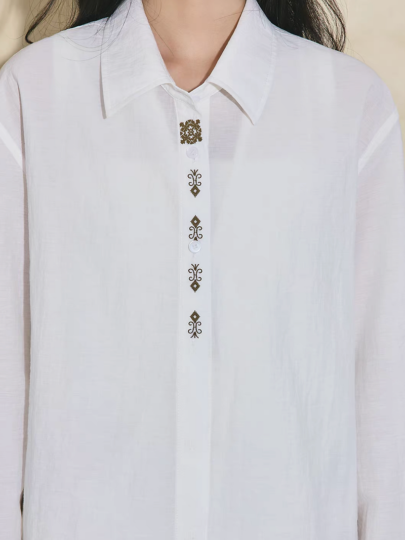 Mid length linen embroider white shirt 2