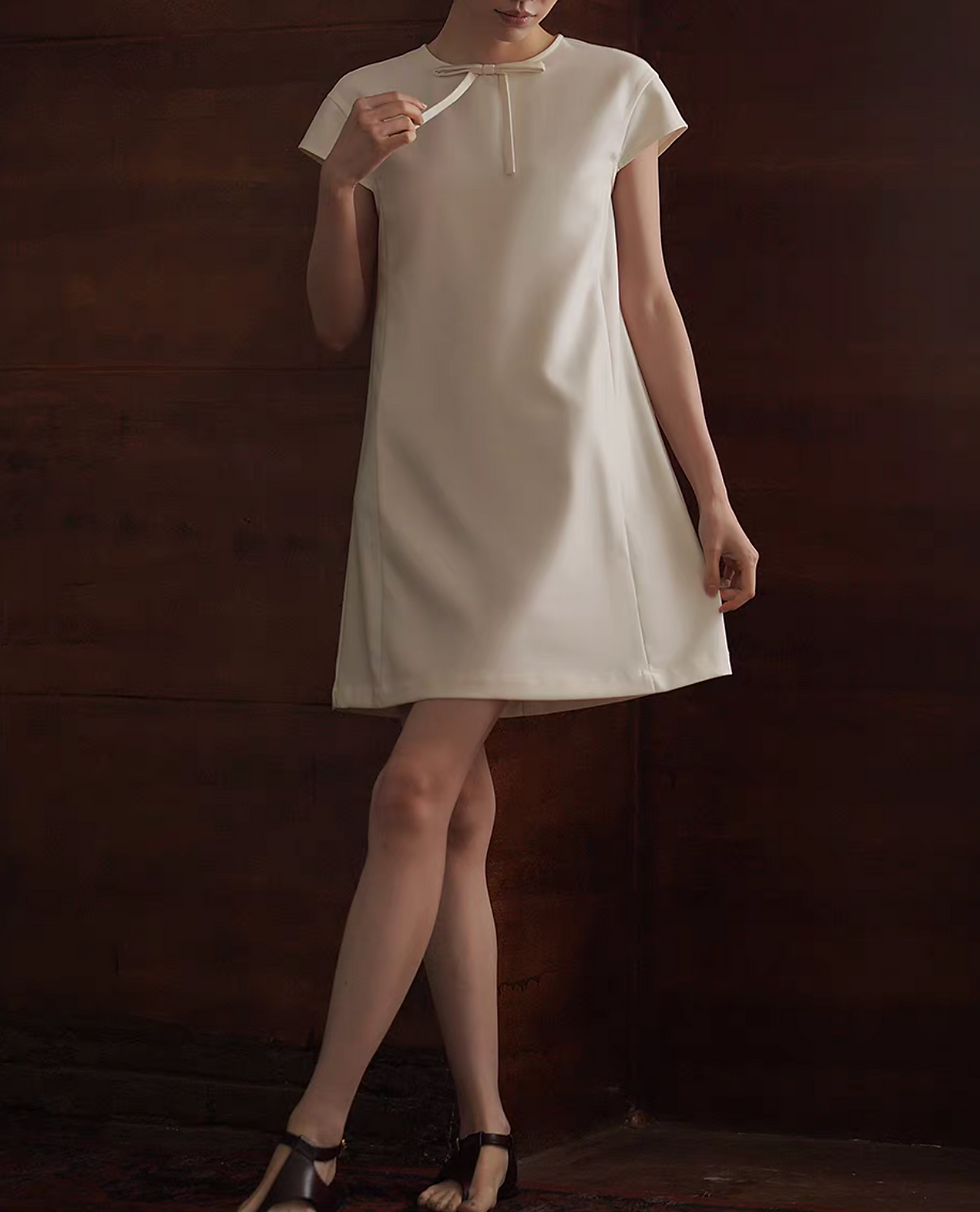 Thumbnail: Ivory front bow double contour poly rayon midi dress