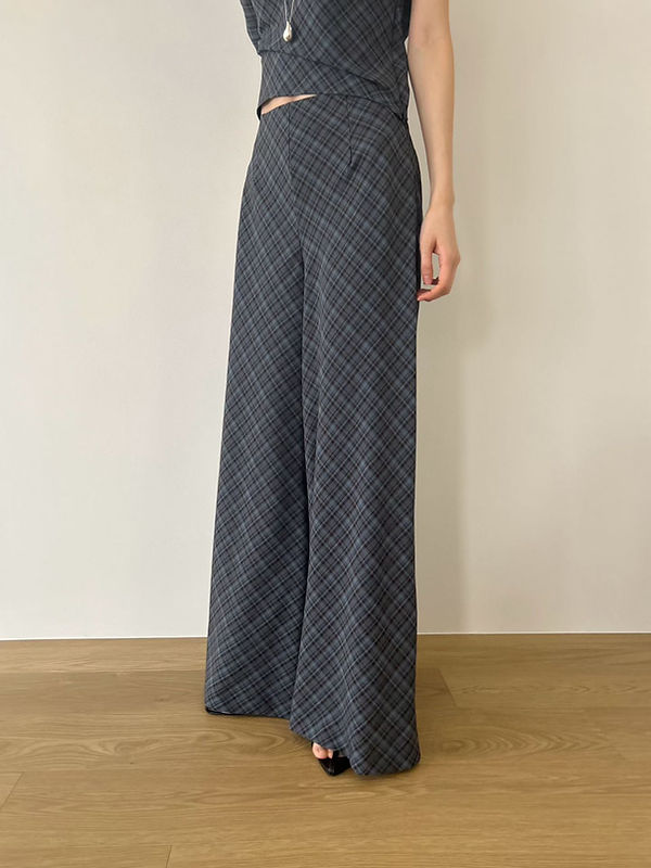 High waisted back elasticated checker cotton rayon wide leg pants 