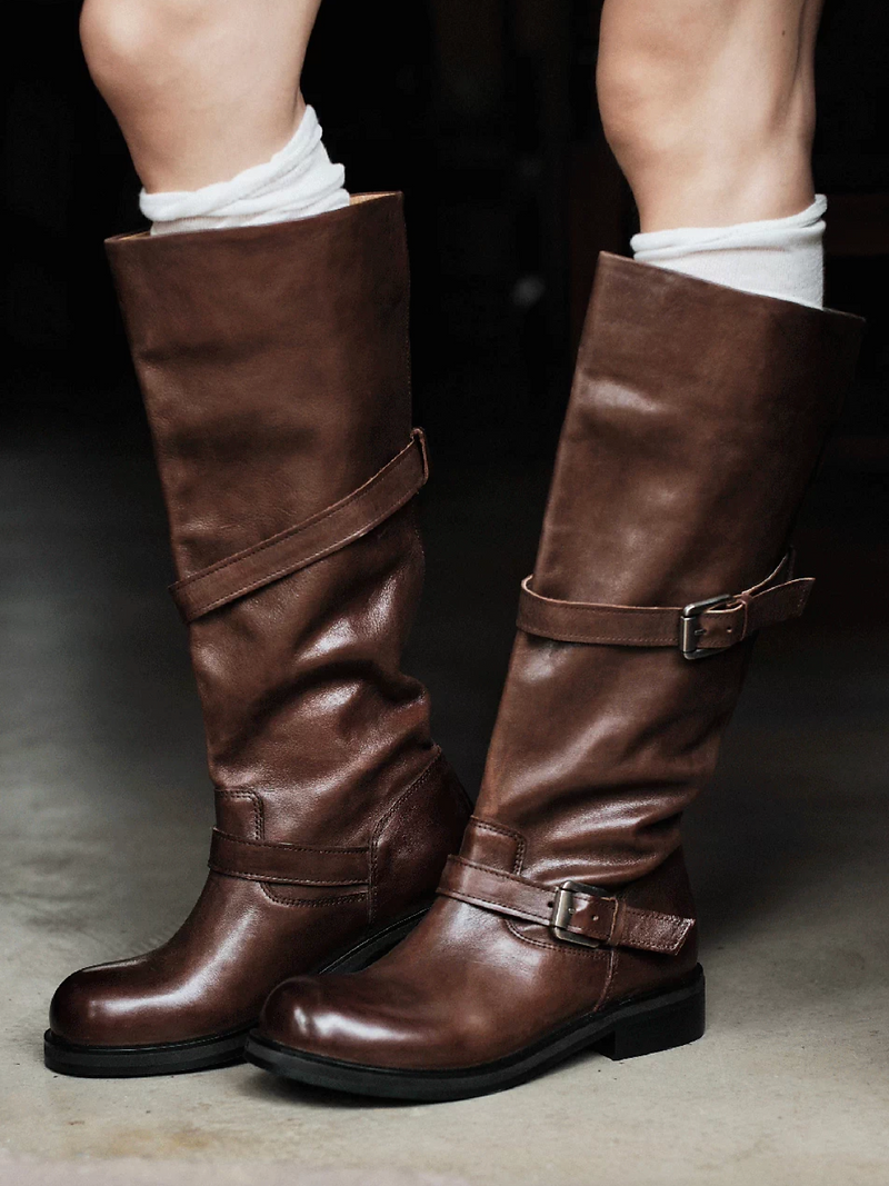 Made in Italy Italian brushed off calf leather double buckles straps knee boots 14