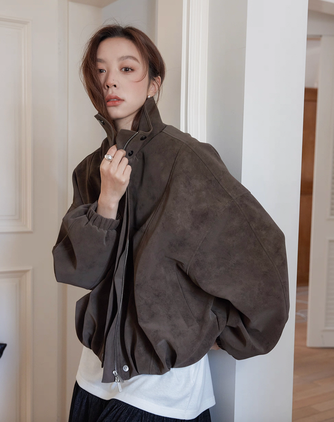 Mocha color synthetic suede leather zipper polo two way jacket