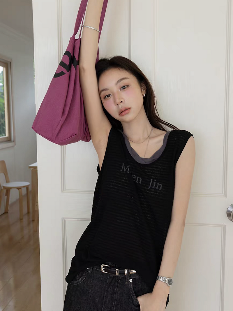 Pure lyocell pleated collar U neck print vest 11