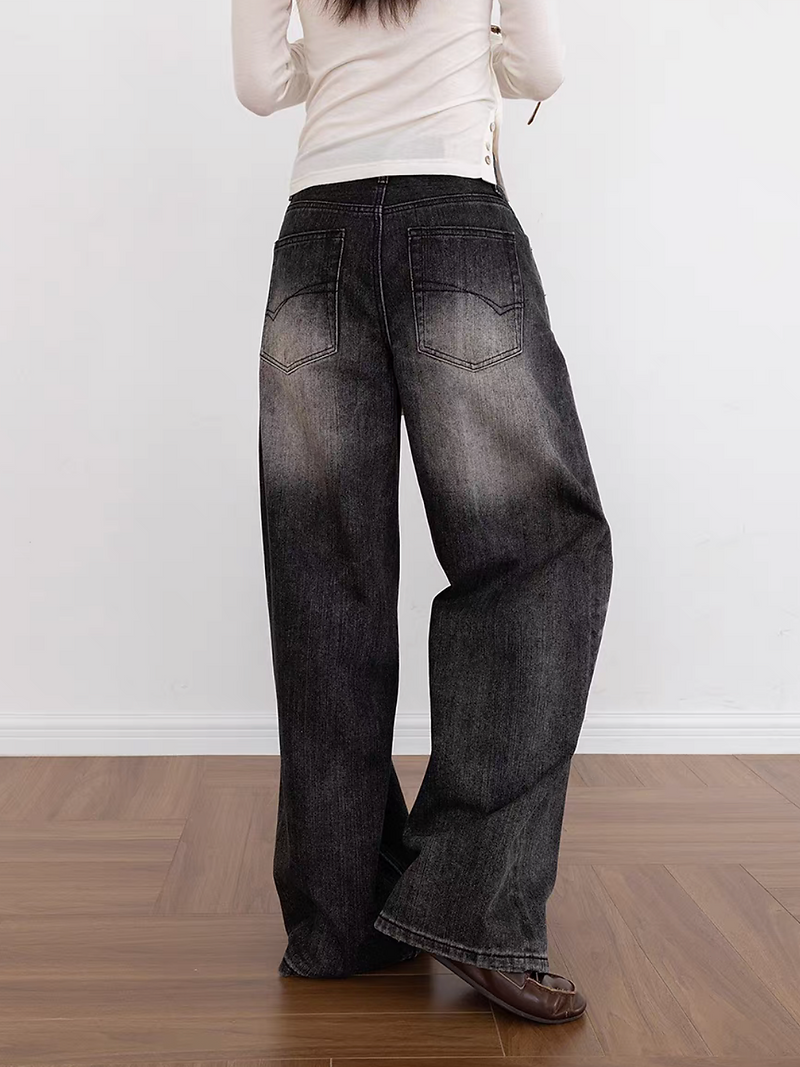 Distressed trim side embroidered acid washed denim jeans 6