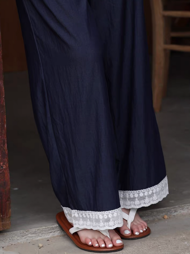 Lace trim tencel cotton denim dark navy elasticated pants 3