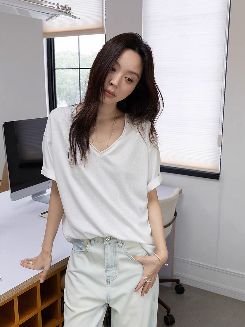 V neck pure cotton boyfriend mid length tee 13