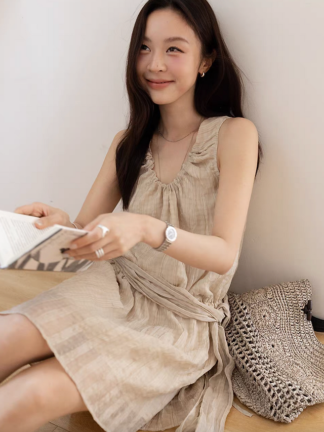 Checker poly sheer beige collaratte +sleeveless drawstring lined dress set 10