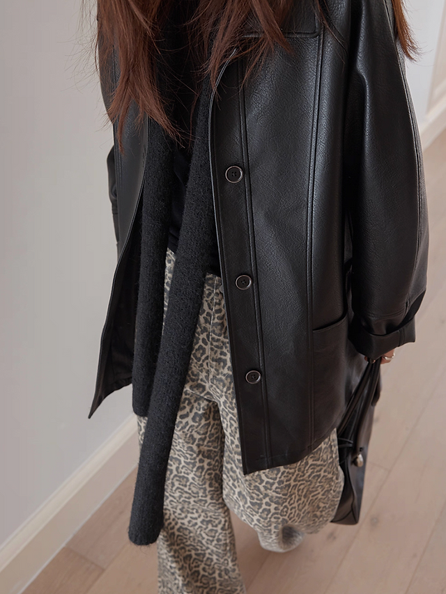 Black synthetic leather mid length side pockets polo jacket 10