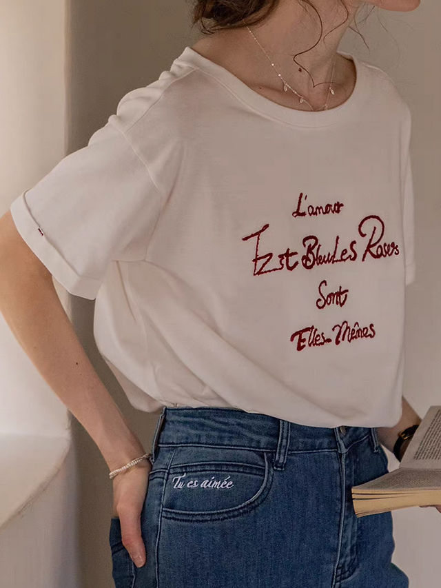 Embroidered quote drape shoulder cotton tee 7