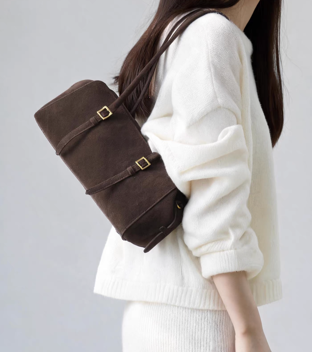 Suede calf leather baguette handle shoulder bag