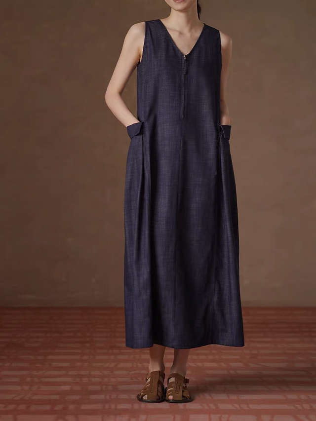 Navy denim side pockets front zipper V neck cotton denim sleeveless dress 6