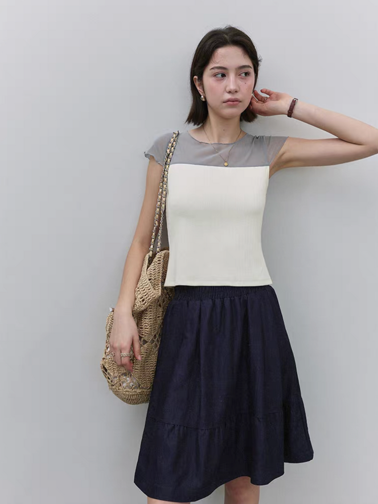 Bi color poly sheer ribbed cotton docking blouse 2