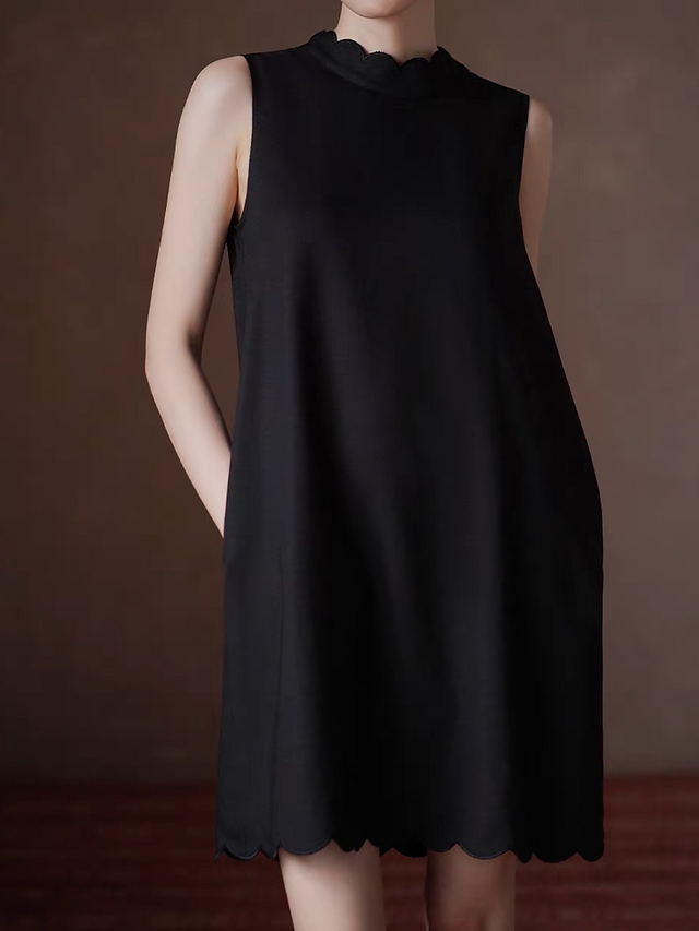 Wavy trim black lyocell linen poly sleeveless little black dress 1