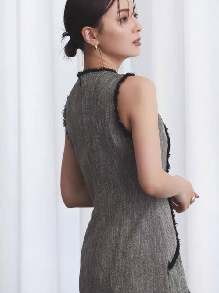 ANUANS TOKYO tweed frills cotton slim cut sleeveless dress 5