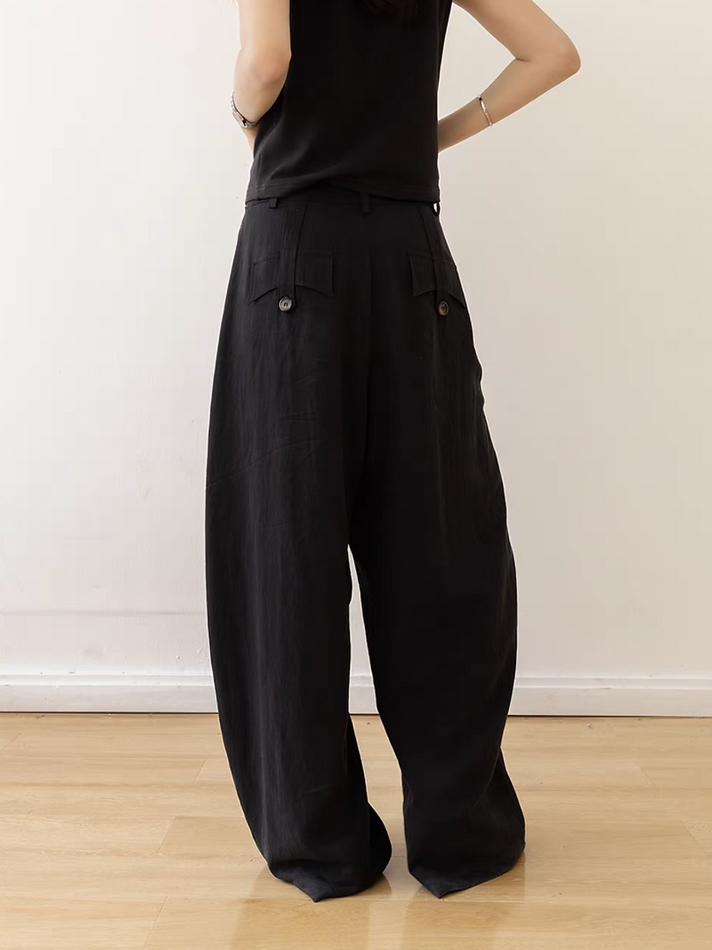 Back buttoned strap tencel cotton rayon pleated straight pants 13